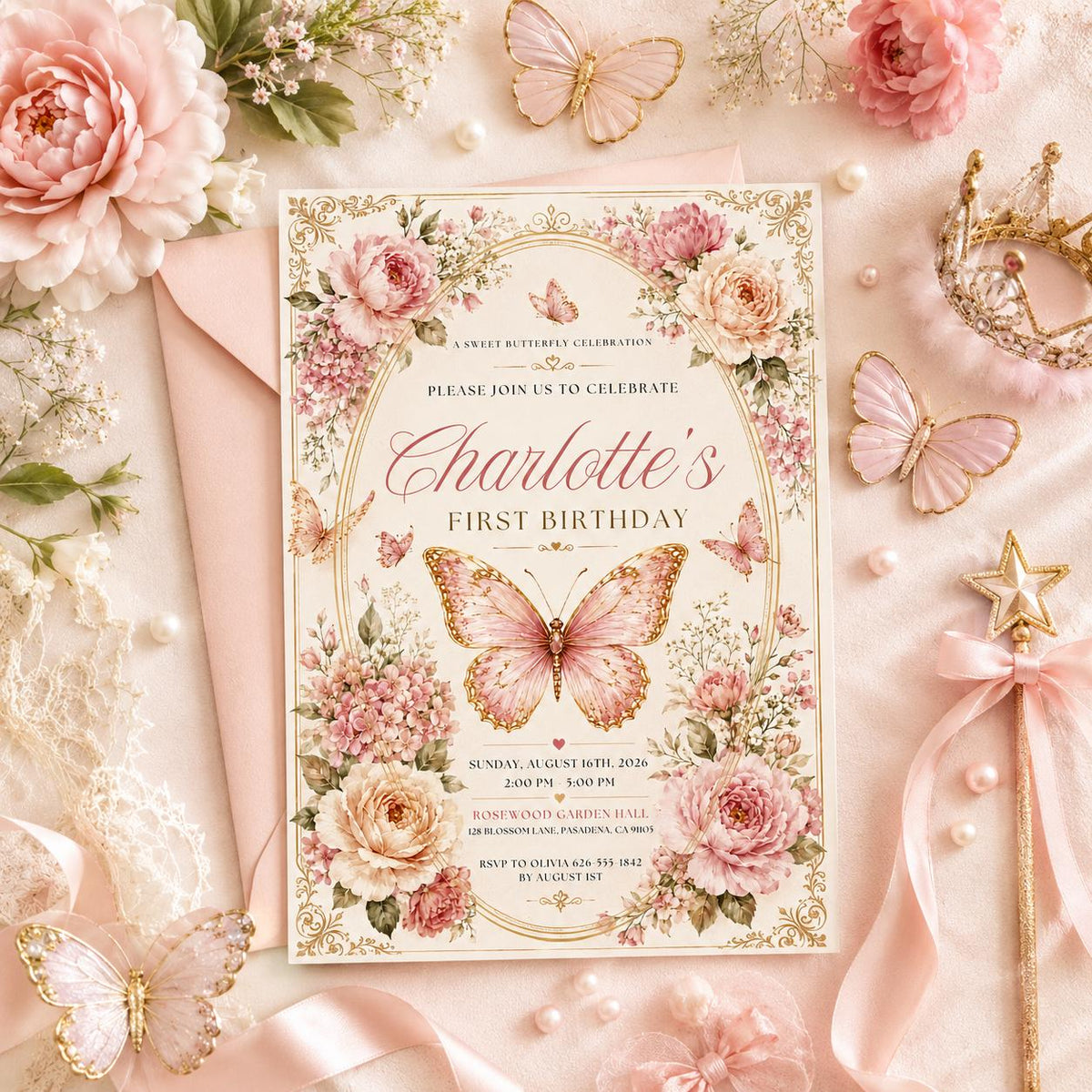 Editable Floral Birthday Invitation Canva Template, Pink Gold Luxury Girls Cute Fun DIY Sweet Chic Party Invite, Printable Digital Download.