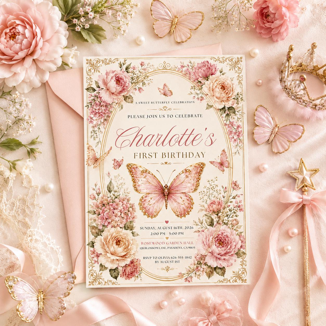 Editable Floral Birthday Invitation Canva Template, Pink Gold Luxury Girls Cute Fun DIY Sweet Chic Party Invite, Printable Digital Download.