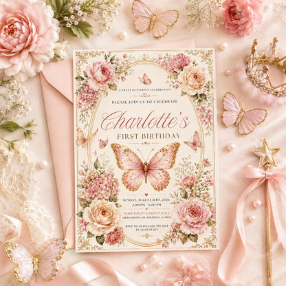 Editable Floral Birthday Invitation Canva Template, Pink Gold Luxury Girls Cute Fun DIY Sweet Chic Party Invite, Printable Digital Download.