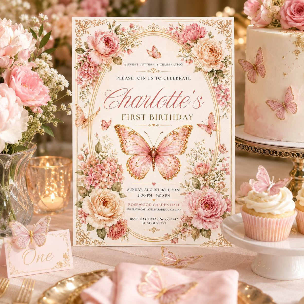 Editable Floral Birthday Invitation Canva Template, Pink Gold Luxury Girls Cute Fun DIY Sweet Chic Party Invite, Printable Digital Download.
