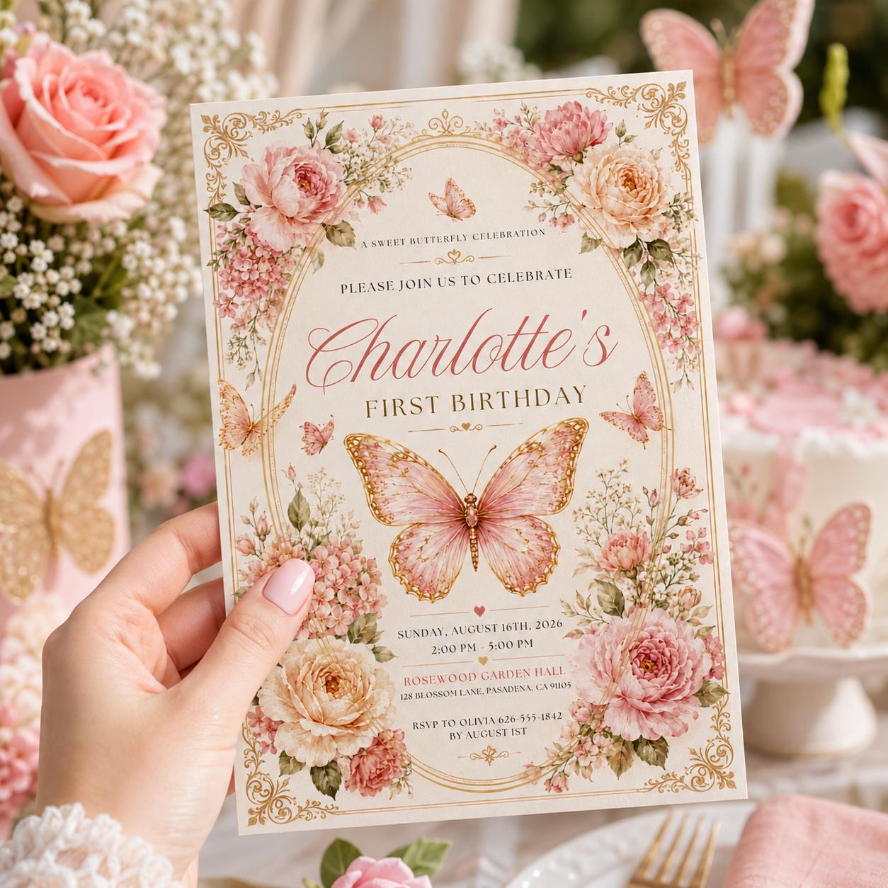 Editable Floral Birthday Invitation Canva Template, Pink Gold Luxury Girls Cute Fun DIY Sweet Chic Party Invite, Printable Digital Download.