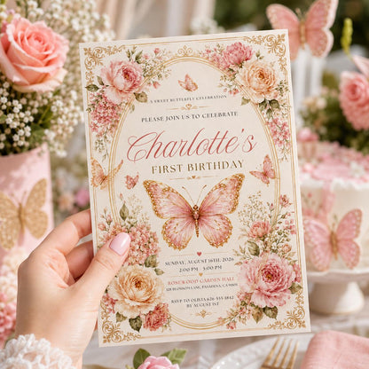 Editable Floral Birthday Invitation Canva Template, Pink Gold Luxury Girls Cute Fun DIY Sweet Chic Party Invite, Printable Digital Download.