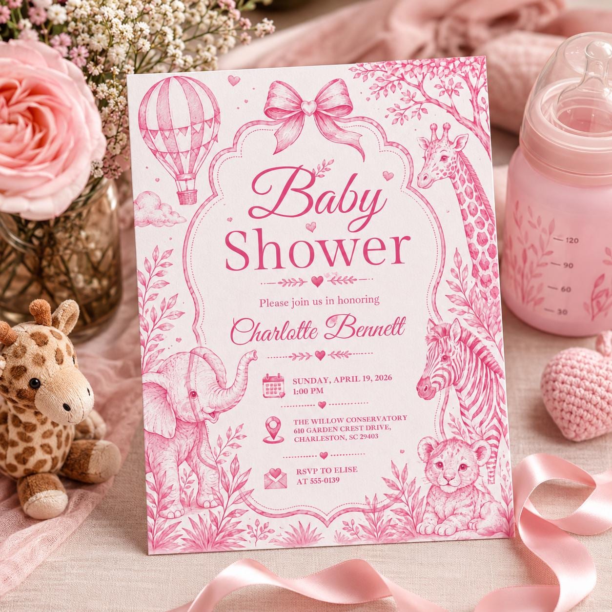 Editable Safari Jungle Baby Shower Invitation Canva Template, Blue Luxury Kids Safari Cute Fun DIY Party Invite, Printable Digital Download.