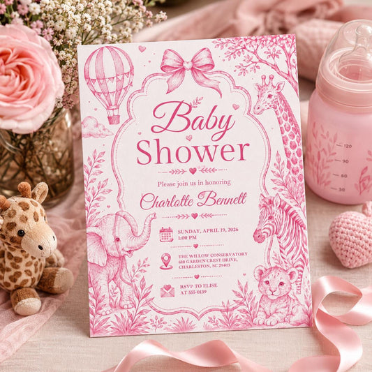 Editable Safari Jungle Baby Shower Invitation Canva Template, Blue Luxury Kids Safari Cute Fun DIY Party Invite, Printable Digital Download.