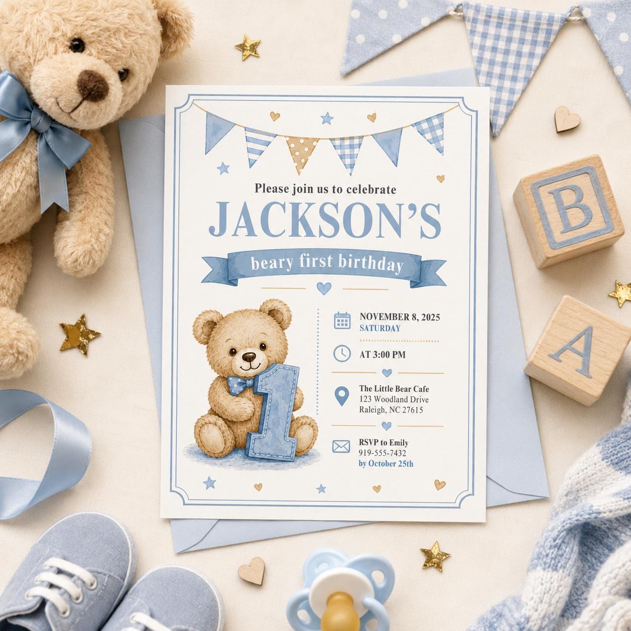 Editable Honey Bear Birthday Invitation Canva Template, Boys Kids Bear Cute Modern Fun Instant DIY Party Invite, Printable Digital Download.