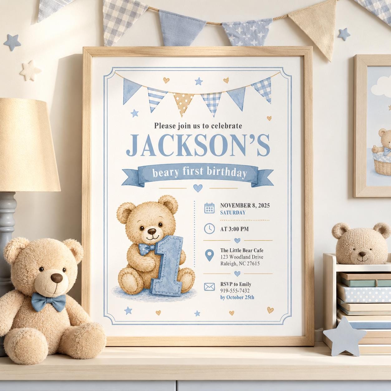 Editable Honey Bear Birthday Invitation Canva Template, Boys Kids Bear Cute Modern Fun Instant DIY Party Invite, Printable Digital Download.