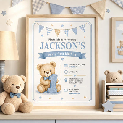 Editable Honey Bear Birthday Invitation Canva Template, Boys Kids Bear Cute Modern Fun Instant DIY Party Invite, Printable Digital Download.
