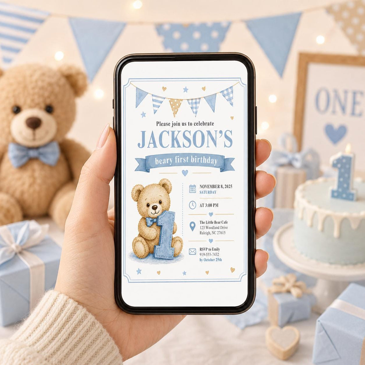 Editable Honey Bear Birthday Invitation Canva Template, Boys Kids Bear Cute Modern Fun Instant DIY Party Invite, Printable Digital Download.