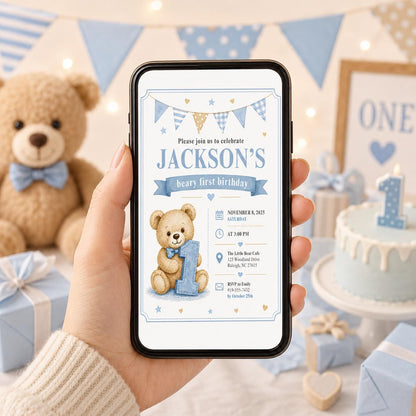 Editable Honey Bear Birthday Invitation Canva Template, Boys Kids Bear Cute Modern Fun Instant DIY Party Invite, Printable Digital Download.