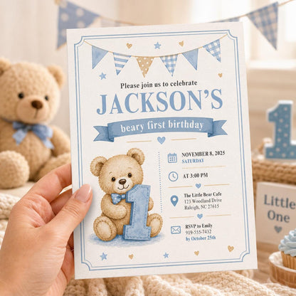 Editable Honey Bear Birthday Invitation Canva Template, Boys Kids Bear Cute Modern Fun Instant DIY Party Invite, Printable Digital Download.