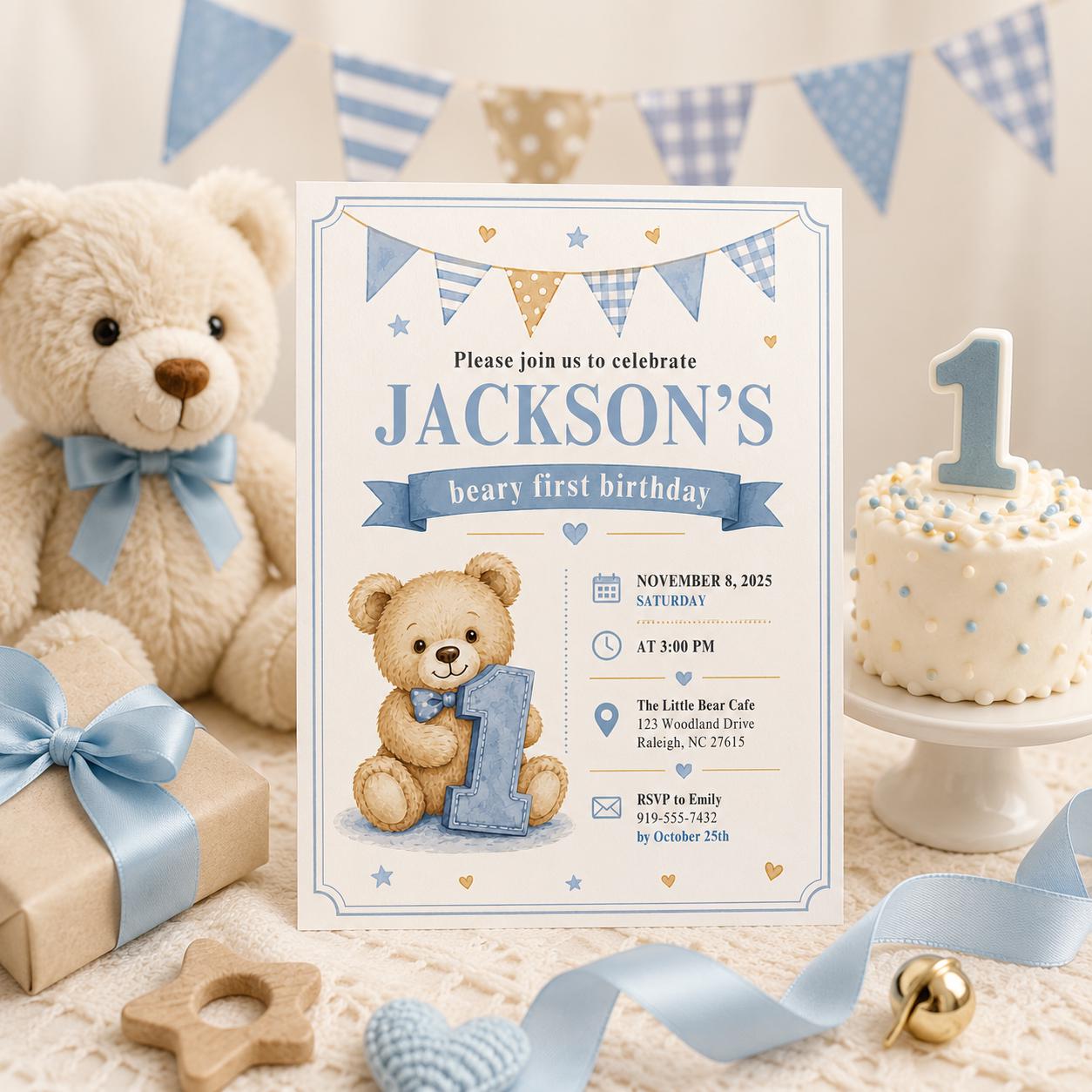 Editable Honey Bear Birthday Invitation Canva Template, Boys Kids Bear Cute Modern Fun Instant DIY Party Invite, Printable Digital Download.