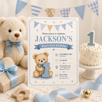 Editable Honey Bear Birthday Invitation Canva Template, Boys Kids Bear Cute Modern Fun Instant DIY Party Invite, Printable Digital Download.