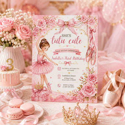 Editable Tutu Cute Birthday Invitation Canva Template, Pink Girls Kids Cute Modern Fun Instant DIY Party Invite, Printable Digital Download.