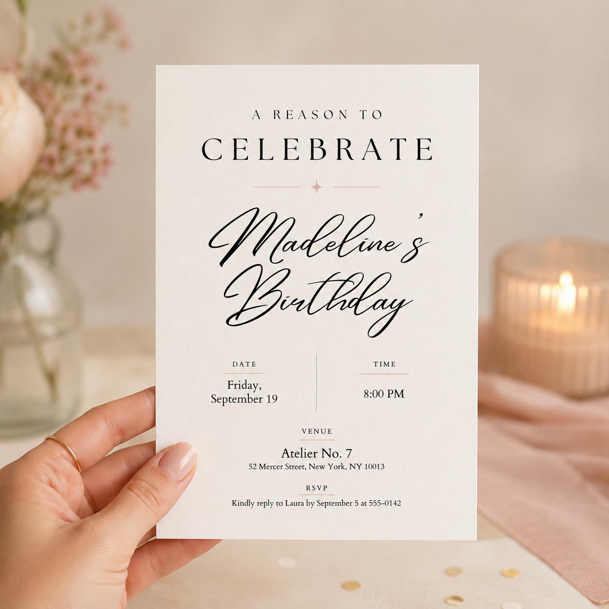 Editable Elegant Birthday Invitation Canva Template, Black White Chic Adult Cute Fun DIY Kids Teen Party Invite, Printable Digital Download.