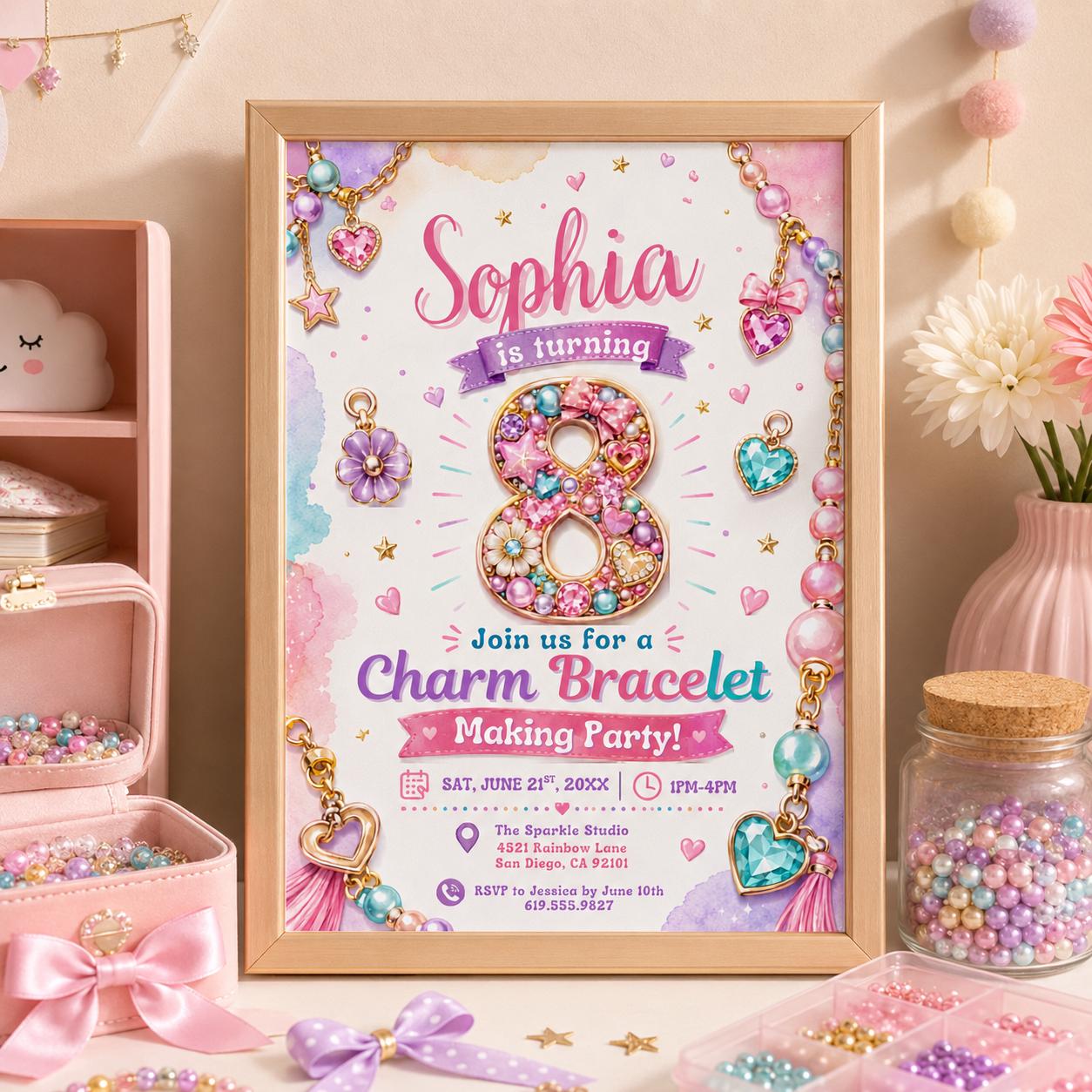 Editable Charm Bracelet Making Birthday Invitation Canva Template, Cute Preppy Girls Teens Fun DIY Party Invite, Printable Digital Download.