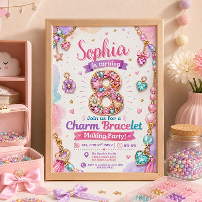 Editable Charm Bracelet Making Birthday Invitation Canva Template, Cute Preppy Girls Teens Fun DIY Party Invite, Printable Digital Download.