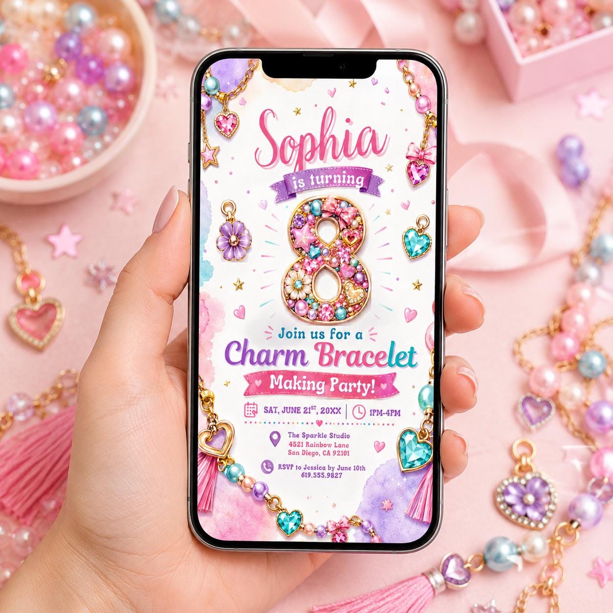 Editable Charm Bracelet Making Birthday Invitation Canva Template, Cute Preppy Girls Teens Fun DIY Party Invite, Printable Digital Download.