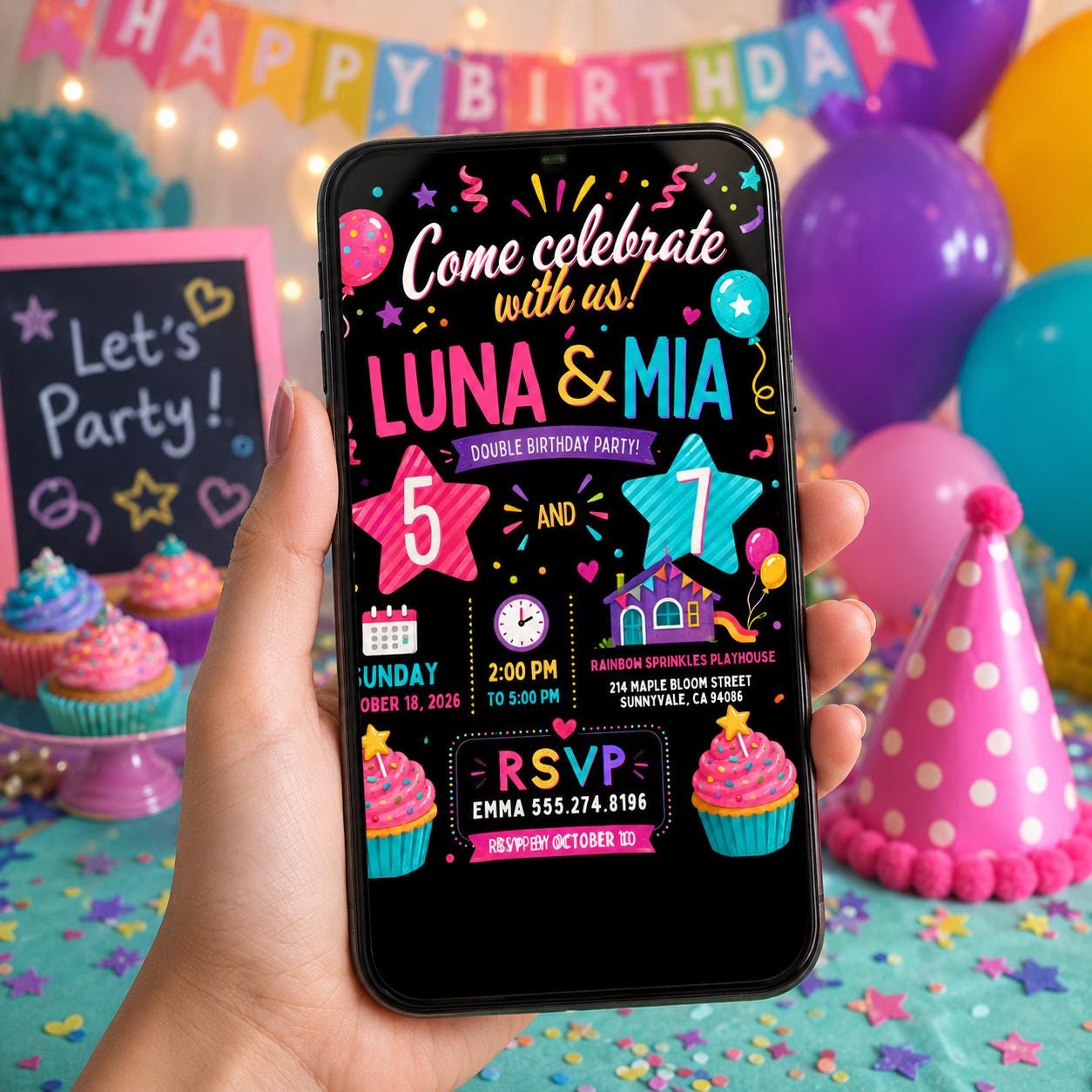 Editable Double Celebration Joint Birthday Invitation Canva Template, Kids Cute Fun DIY Sweet Chic Party Invite, Printable Digital Download.