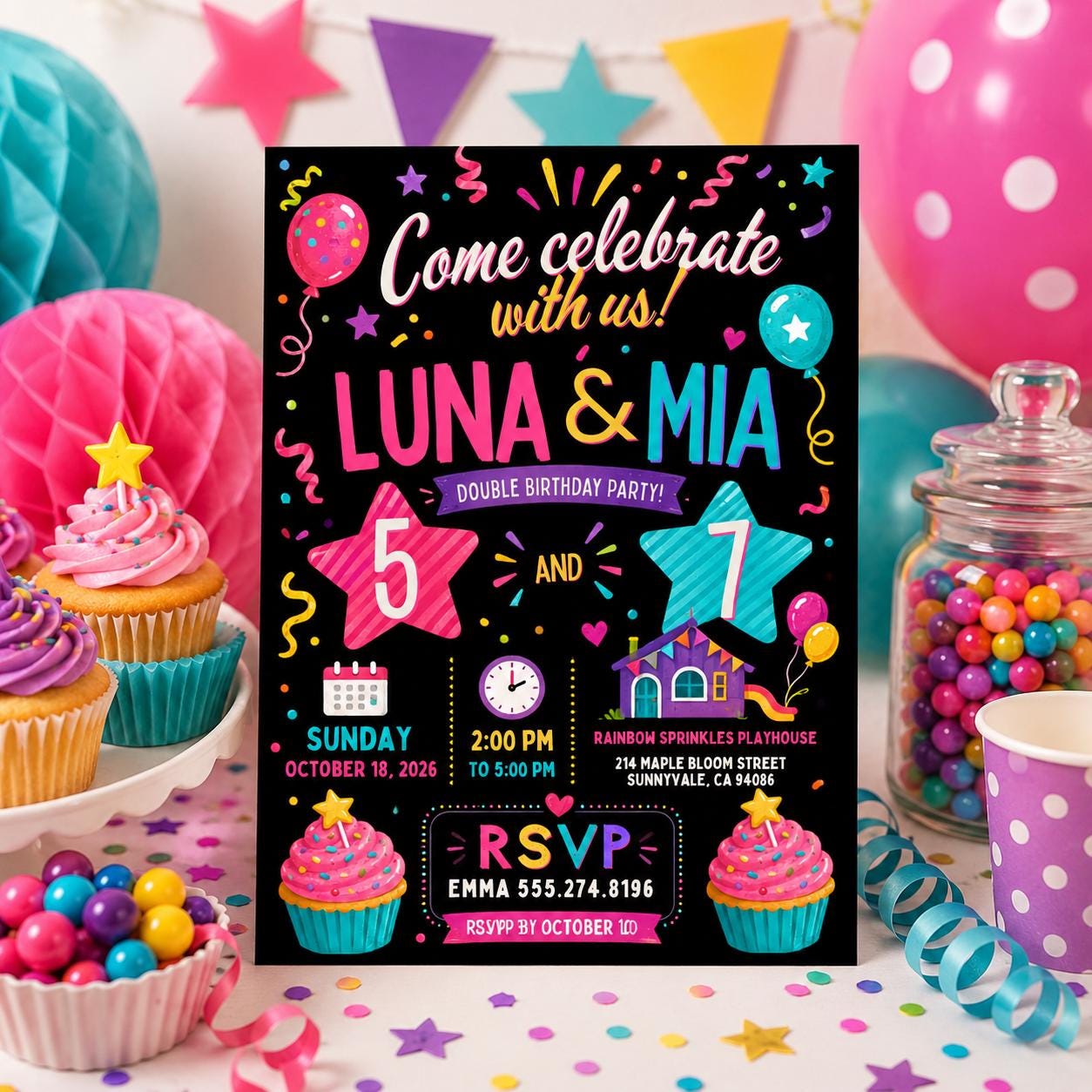 Editable Double Celebration Joint Birthday Invitation Canva Template, Kids Cute Fun DIY Sweet Chic Party Invite, Printable Digital Download.