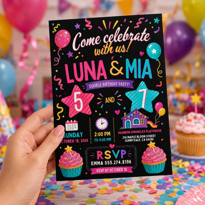 Editable Double Celebration Joint Birthday Invitation Canva Template, Kids Cute Fun DIY Sweet Chic Party Invite, Printable Digital Download.