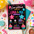 Editable Double Celebration Joint Birthday Invitation Canva Template, Kids Cute Fun DIY Sweet Chic Party Invite, Printable Digital Download.