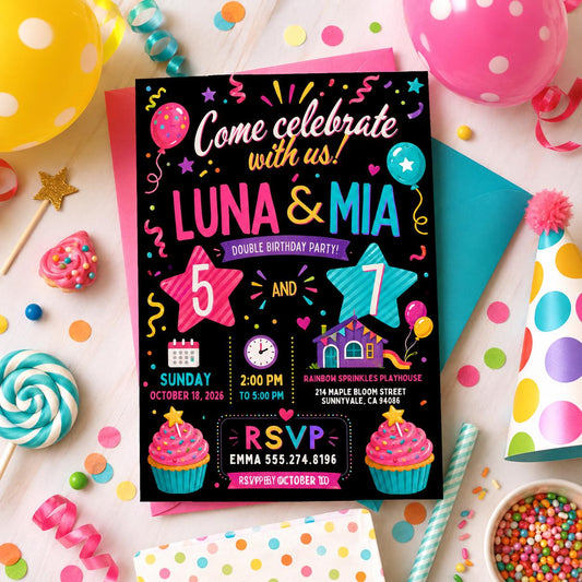 Editable Double Celebration Joint Birthday Invitation Canva Template, Kids Cute Fun DIY Sweet Chic Party Invite, Printable Digital Download.