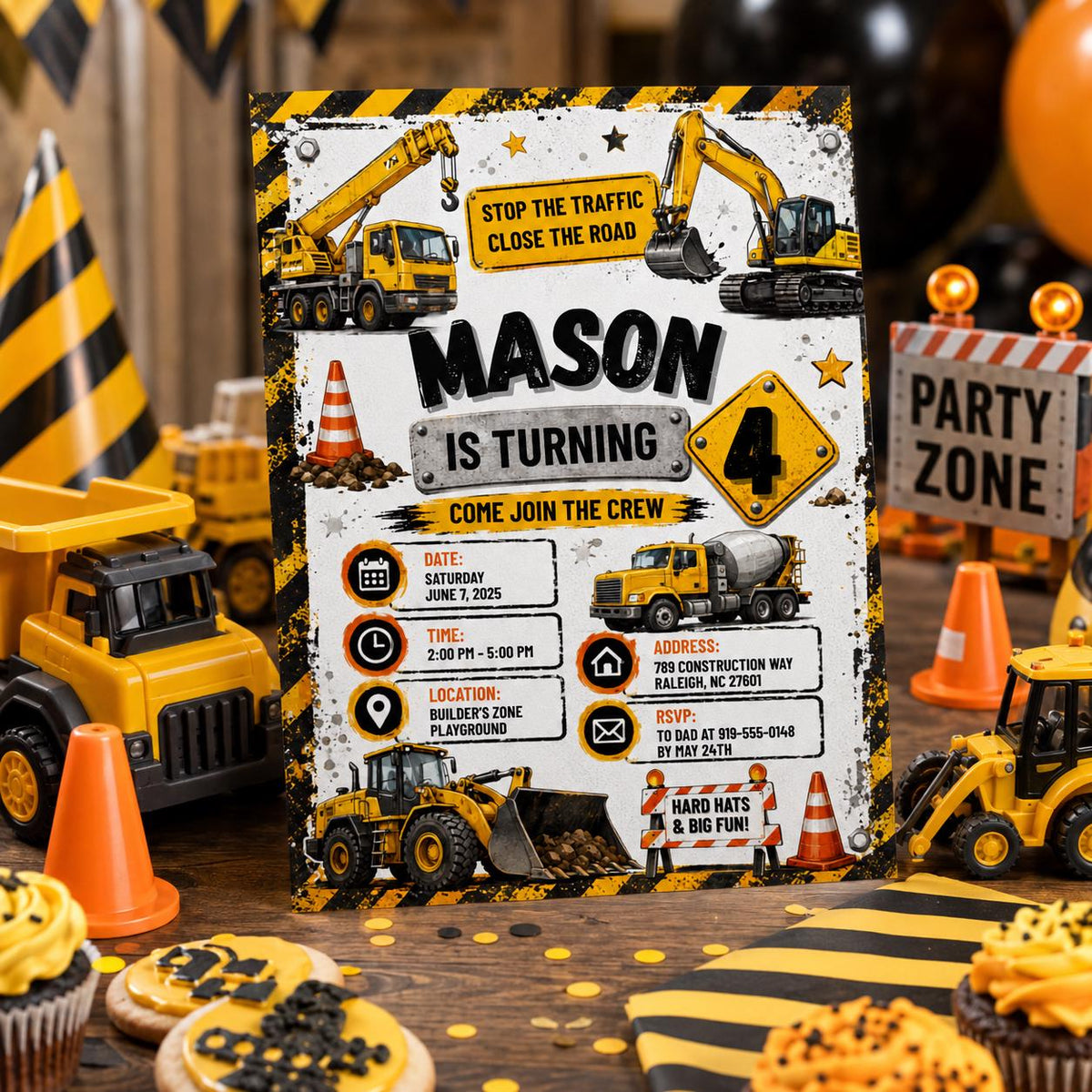 Editable Construction Birthday Invitation Canva Template, Black Yellow Boys Cute Fun DIY Chic Kids Party Invite, Printable Digital Download.