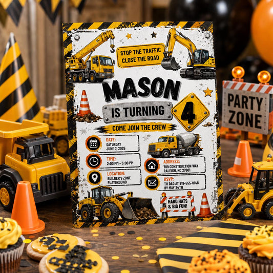 Editable Construction Birthday Invitation Canva Template, Black Yellow Boys Cute Fun DIY Chic Kids Party Invite, Printable Digital Download.