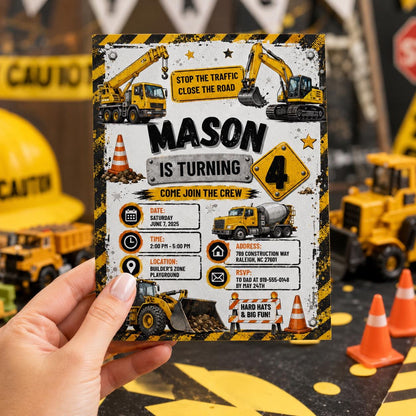 Editable Construction Birthday Invitation Canva Template, Black Yellow Boys Cute Fun DIY Chic Kids Party Invite, Printable Digital Download.