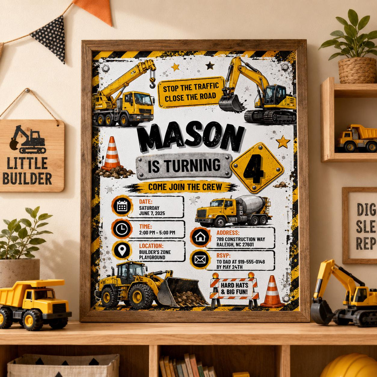 Editable Construction Birthday Invitation Canva Template, Black Yellow Boys Cute Fun DIY Chic Kids Party Invite, Printable Digital Download.