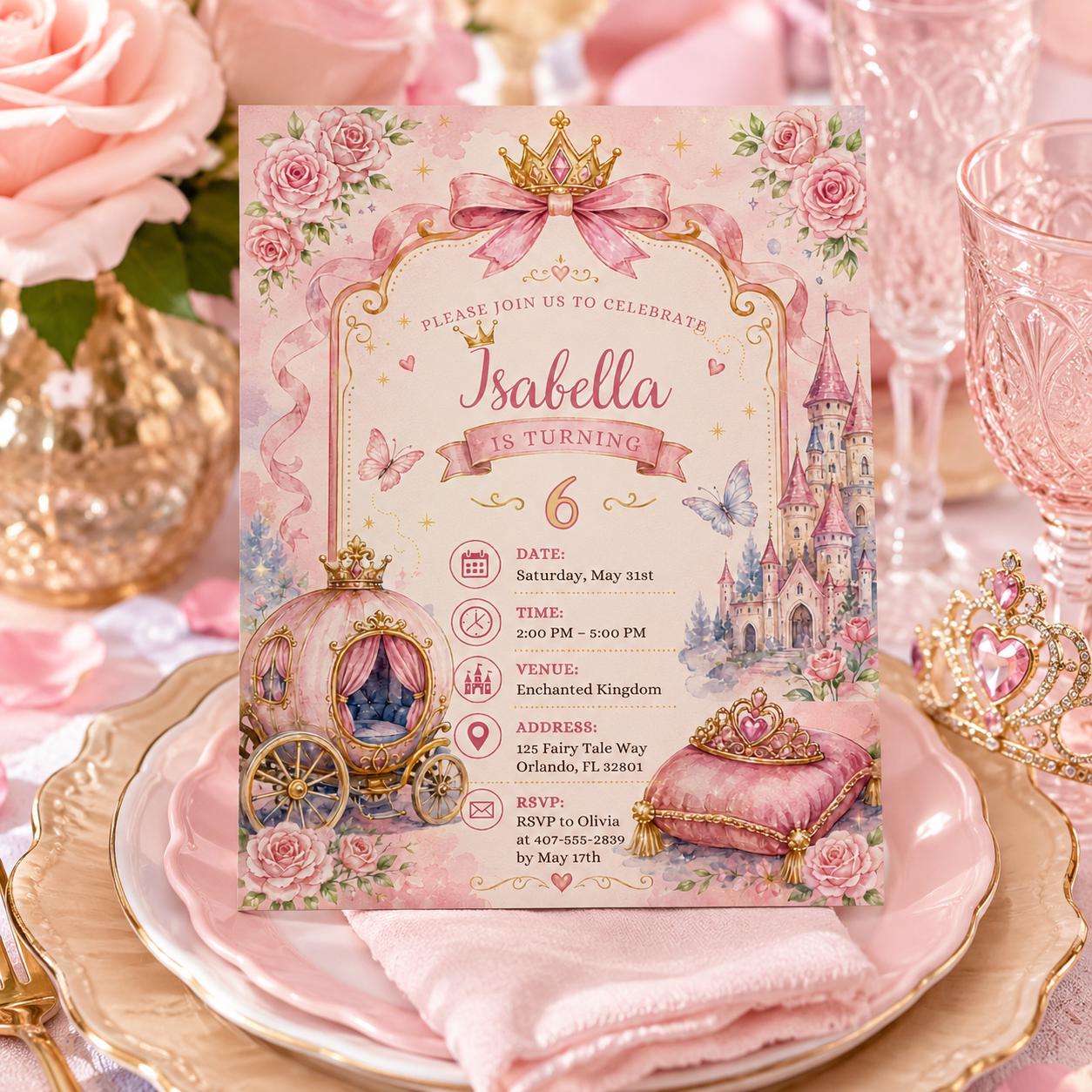 Editable Princess Birthday Invitation Canva Template, Pink Gold Girls Kids Cute Fun DIY Sweet Chic Party Invite, Printable Digital Download.