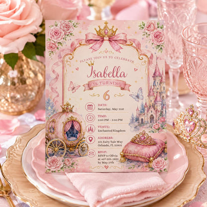 Editable Princess Birthday Invitation Canva Template, Pink Gold Girls Kids Cute Fun DIY Sweet Chic Party Invite, Printable Digital Download.