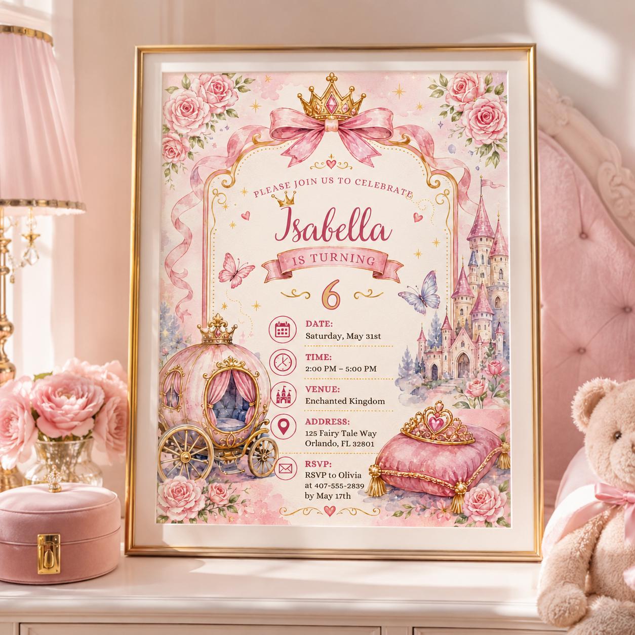 Editable Princess Birthday Invitation Canva Template, Pink Gold Girls Kids Cute Fun DIY Sweet Chic Party Invite, Printable Digital Download.