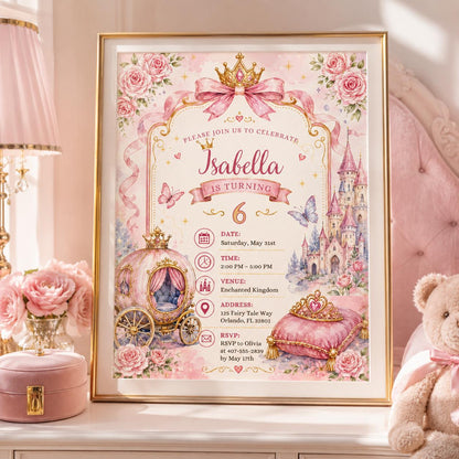 Editable Princess Birthday Invitation Canva Template, Pink Gold Girls Kids Cute Fun DIY Sweet Chic Party Invite, Printable Digital Download.