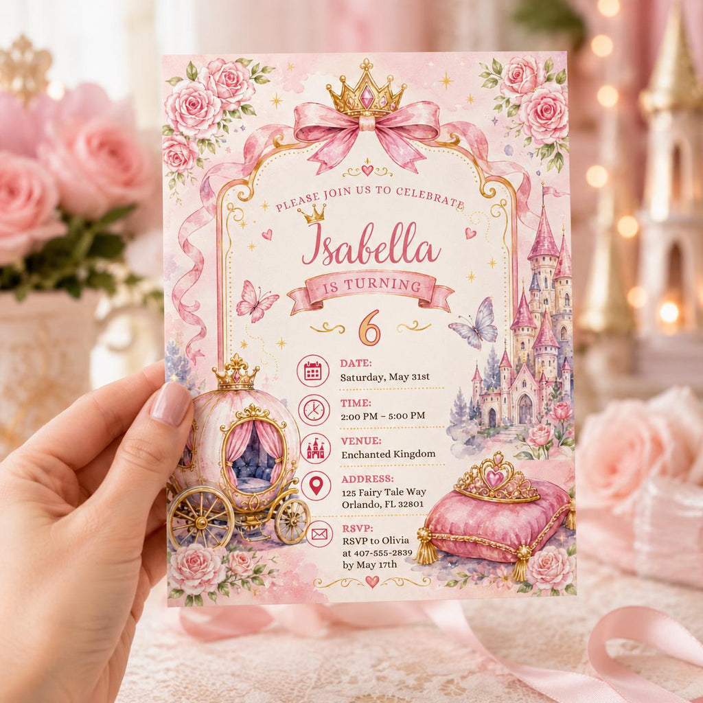 Editable Princess Birthday Invitation Canva Template, Pink Gold Girls Kids Cute Fun DIY Sweet Chic Party Invite, Printable Digital Download.