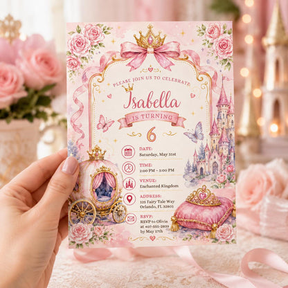 Editable Princess Birthday Invitation Canva Template, Pink Gold Girls Kids Cute Fun DIY Sweet Chic Party Invite, Printable Digital Download.
