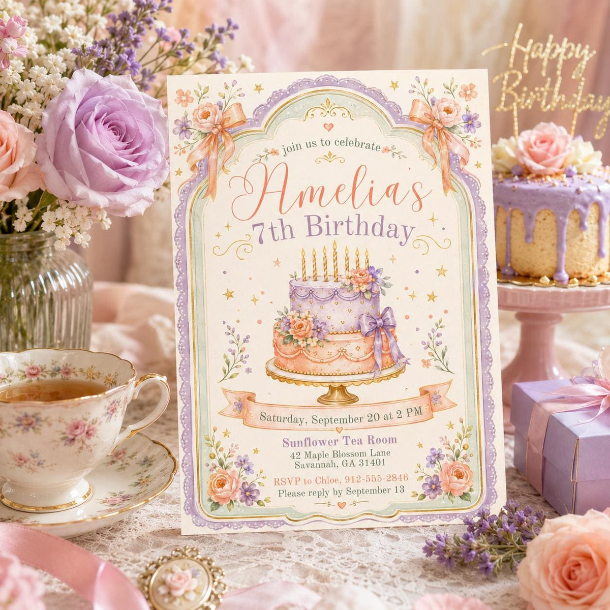 Editable Pink Bow Birthday Invitation Canva Template, Blush Luxury Bow Cute Fun DIY Chic Kids Teen Party Invite, Printable Digital Download.