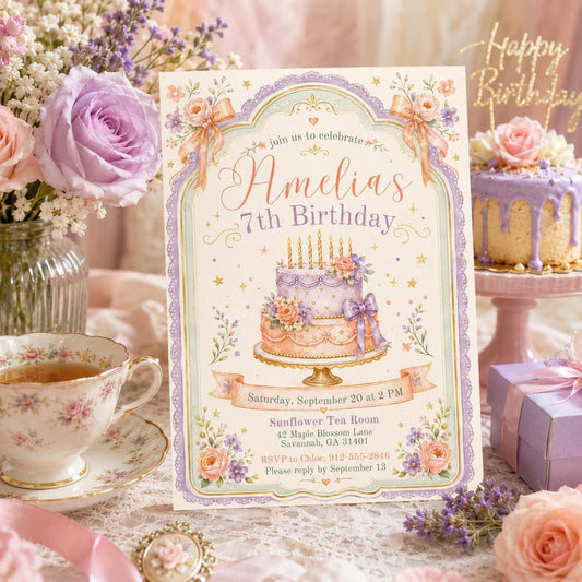 Editable Pink Bow Birthday Invitation Canva Template, Blush Luxury Bow Cute Fun DIY Chic Kids Teen Party Invite, Printable Digital Download.
