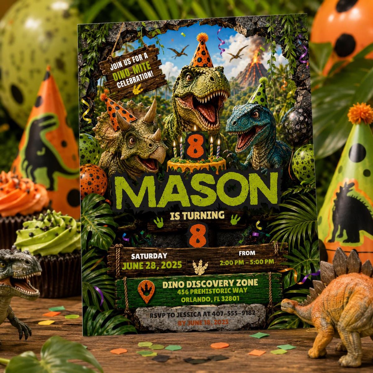 Editable Dinosaur Birthday Invitation Canva Template, Boys Kids Dino Cute Modern Fun DIY Chic Teen Party Invite, Printable Digital Download.