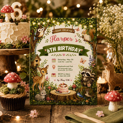 Editable Woodland Birthday Invitation Canva Template, Cute Girls Kids Forest Modern Fun Themed DIY Party Invite, Printable Digital Download.