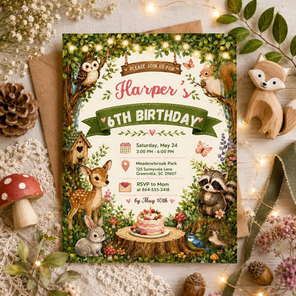 Editable Woodland Birthday Invitation Canva Template, Cute Girls Kids Forest Modern Fun Themed DIY Party Invite, Printable Digital Download.
