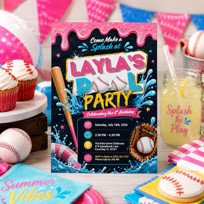 Editable Baseball Pool Birthday Invitation Canva Template, Cream Teens Pool Cute Fun DIY Chic Kids Party Invite, Printable Digital Download.