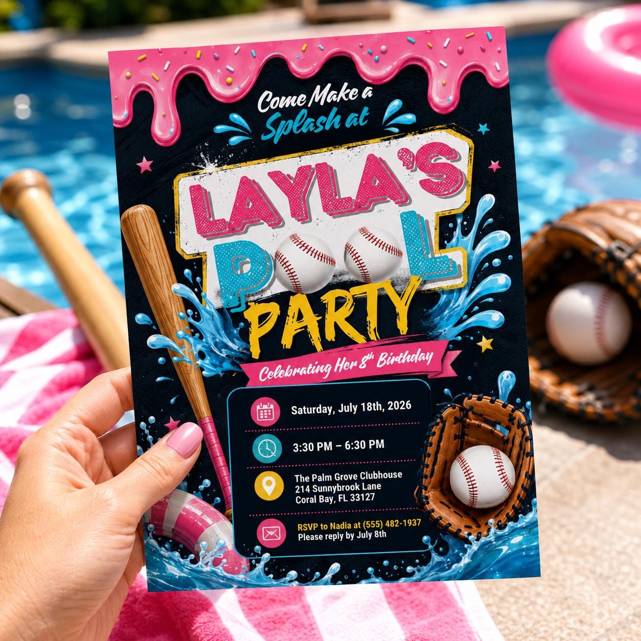 Editable Baseball Pool Birthday Invitation Canva Template, Cream Teens Pool Cute Fun DIY Chic Kids Party Invite, Printable Digital Download.