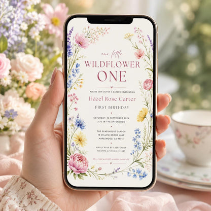 Editable Wildflower Birthday Invitation Canva Template, Boho Floral Girls Kids Cute Modern Fun DIY Party Invite, Printable Digital Download.
