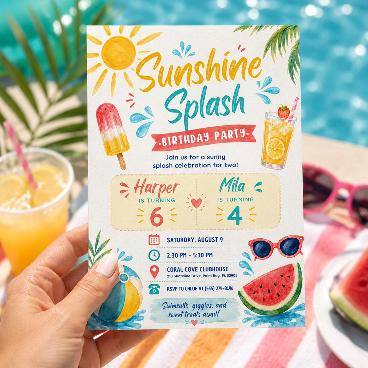 Editable Pool Birthday Invitation Canva Template, Kids Summer Cute Modern Fun Themed DIY Chic Teen Party Invite, Printable Digital Download.