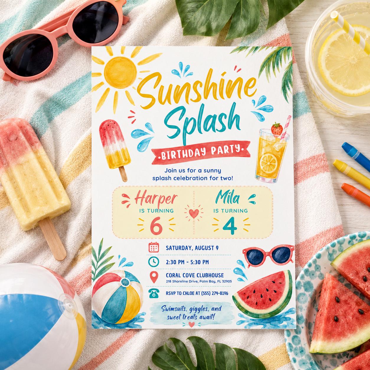 Editable Pool Birthday Invitation Canva Template, Kids Summer Cute Modern Fun Themed DIY Chic Teen Party Invite, Printable Digital Download.