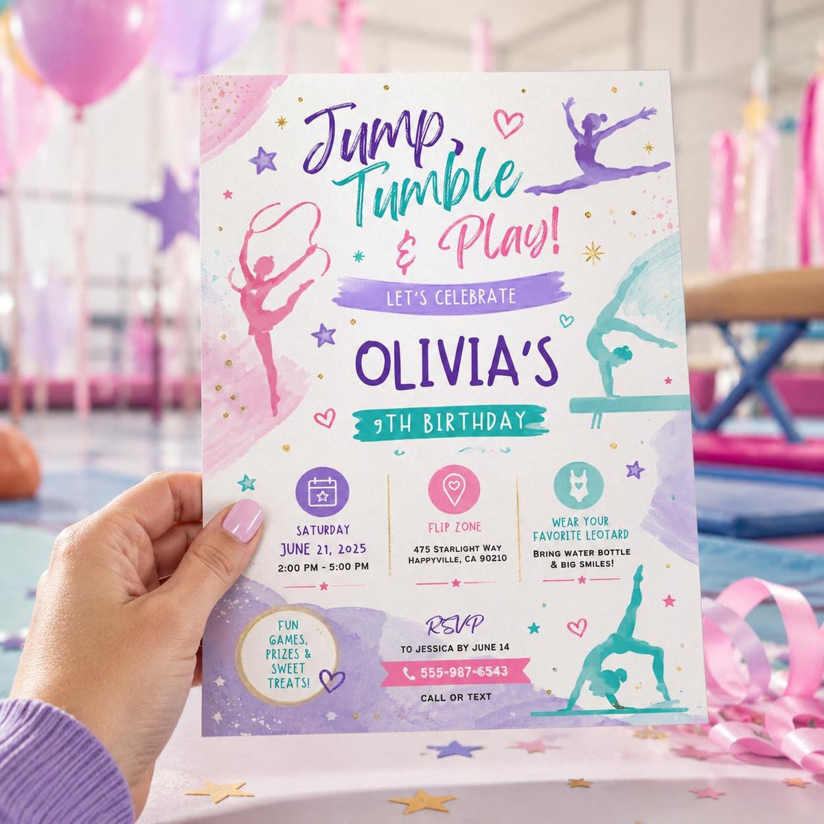 Editable Gymnastics Birthday Invitation Canva Template, Pink Purple Girls Kids Cute Modern Fun DIY Party Invite, Printable Digital Download.