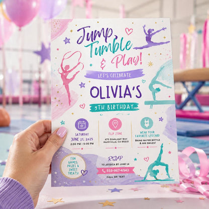 Editable Gymnastics Birthday Invitation Canva Template, Pink Purple Girls Kids Cute Modern Fun DIY Party Invite, Printable Digital Download.