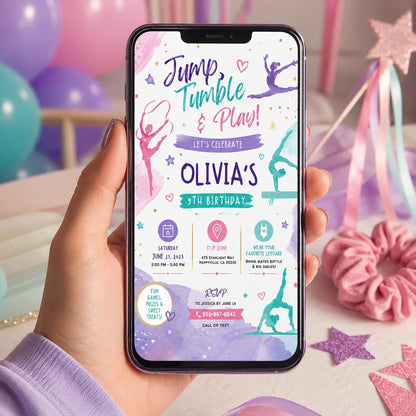 Editable Gymnastics Birthday Invitation Canva Template, Pink Purple Girls Kids Cute Modern Fun DIY Party Invite, Printable Digital Download.