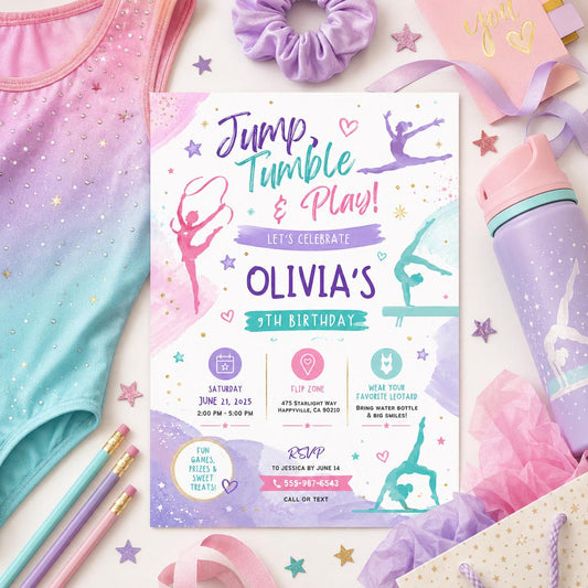 Editable Gymnastics Birthday Invitation Canva Template, Pink Purple Girls Kids Cute Modern Fun DIY Party Invite, Printable Digital Download.